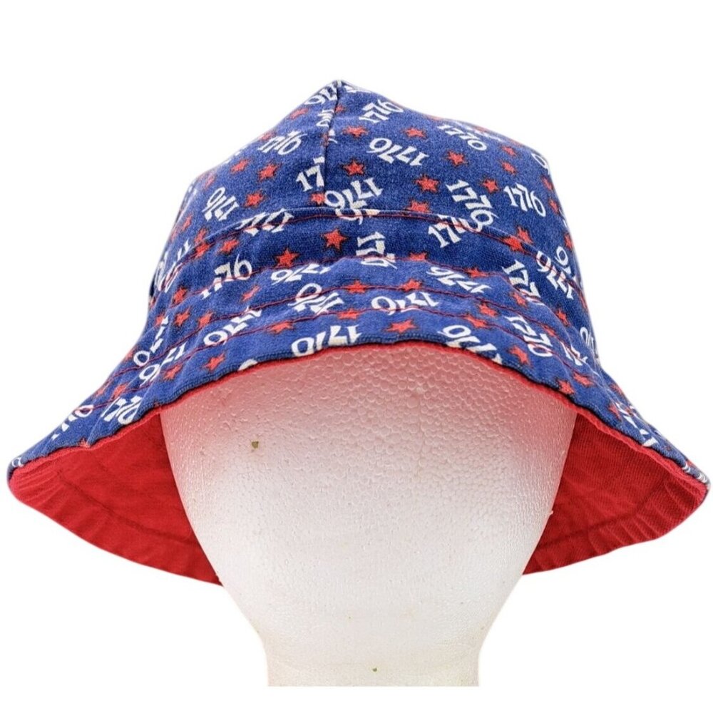 Vintage Patriotic Bucket Hat Blue Red Stars 1776 USA Adult Denim 1970s Handmade
